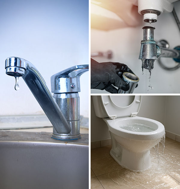 Collage of dripping faucet, disassembled sink drain and overflowing toilet