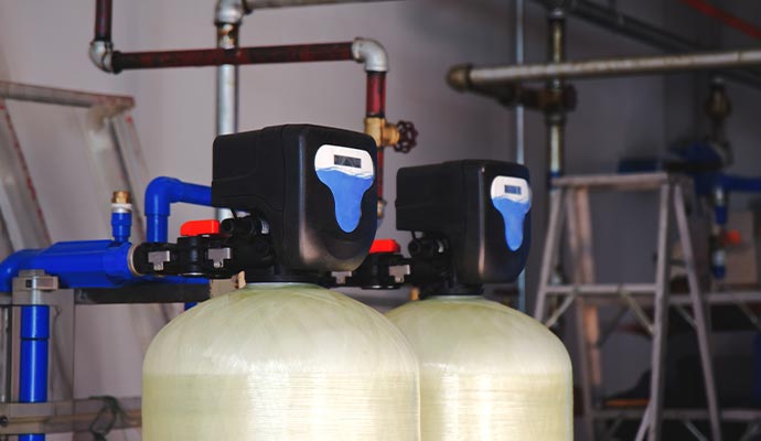 High-capacity dual water softening and filtration system.