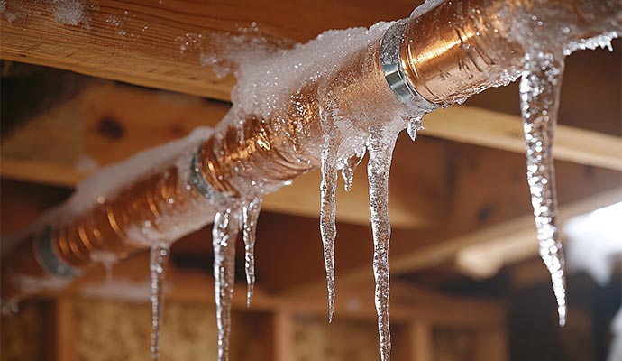 Frozen pipes with hanging icicles.