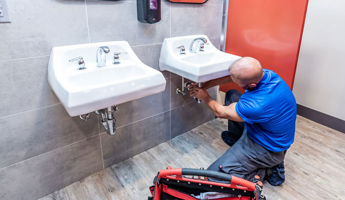 Professional plumber repairing commercial bathroom sink