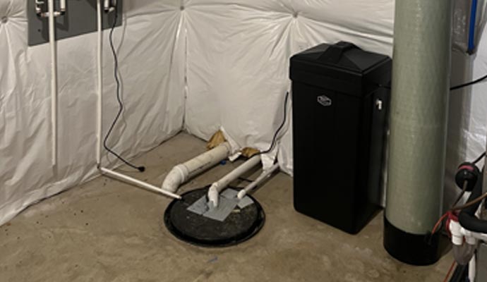 Professional sump pump installation in a waterproofed basement.