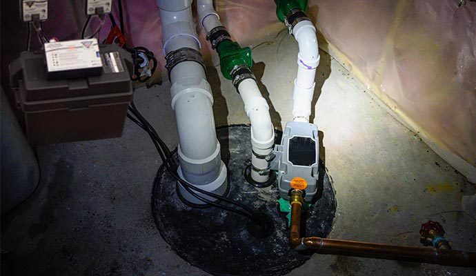 Residential sump pump system installed in a basement.