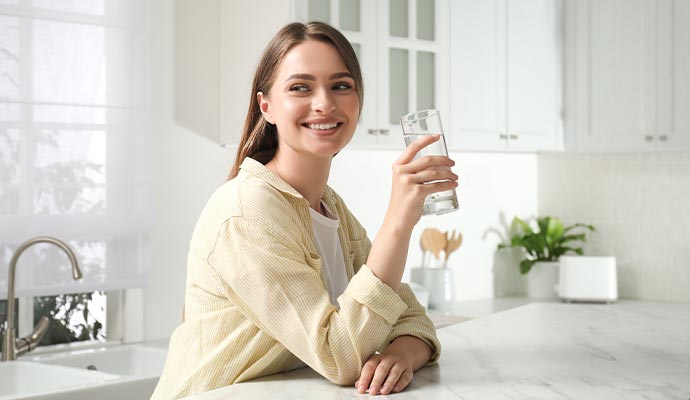 Smiling woman with a glass of filtered water in a modern kitchen.
