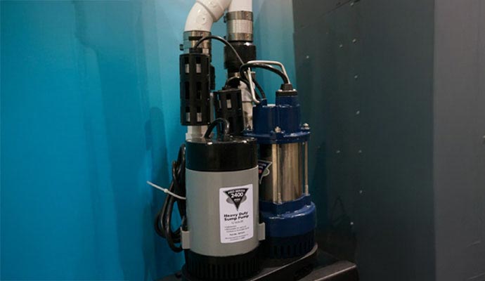 Heavy-duty sump pump with battery backup protection.