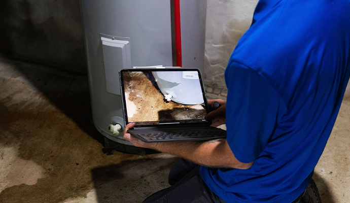 Technician inspecting water heater leak