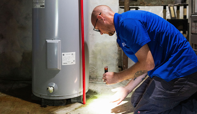 Technician inspecting water heater