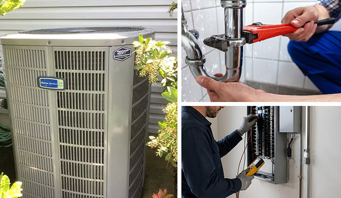 Outdoor HVAC unit, plumber repairing sink pipe, and electrician testing circuit breaker panel