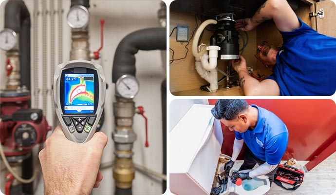 Plumber performing leak detection, toilet repair, and garbage disposal service.
