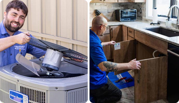 Technician repairing AC unit and plumber fixing kitchen sink.