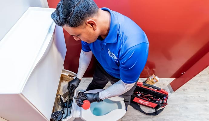 Professional plumber repairing a residential toilet flush system.