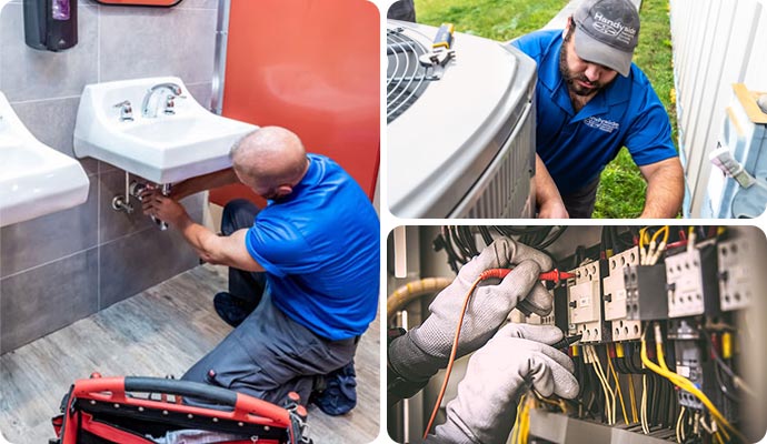 Plumber repairing sink, technician servicing AC, and electrical inspection.
