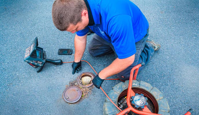 Professional plumber performing a sewer camera drain inspection.