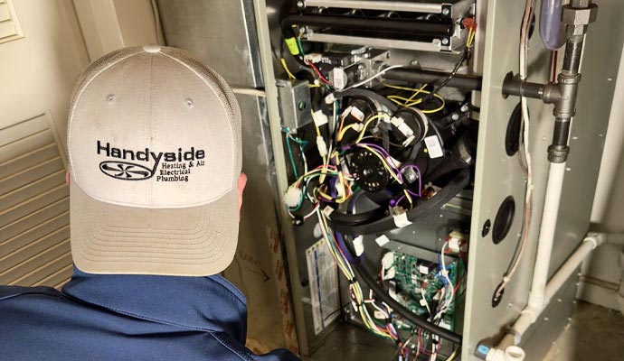 Technician inspecting home furnace system wiring.