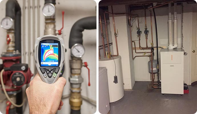 Thermal imaging camera inspecting residential boiler and pipes.
