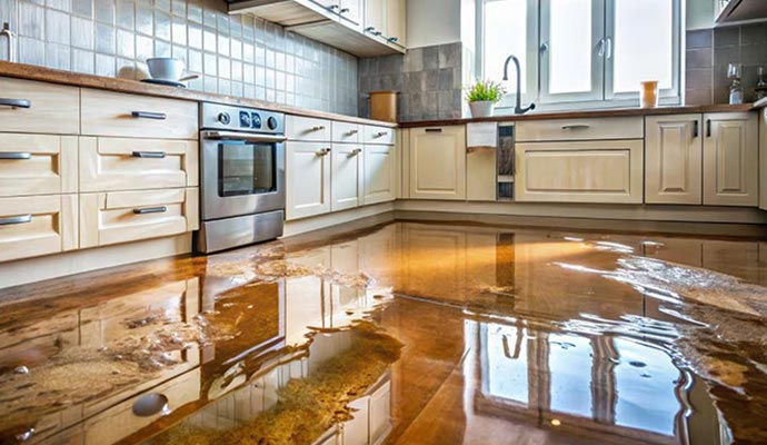 Water damage with flooded kitchen floor.