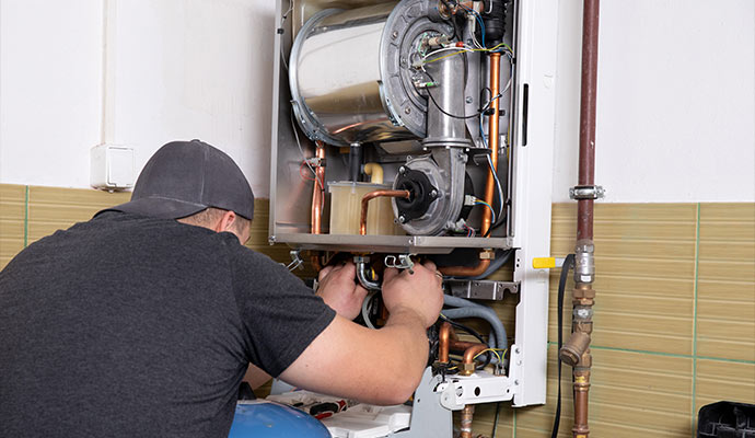 Heating technician servicing internal components of a wall-mounted boiler