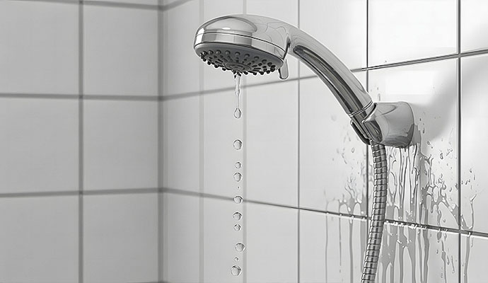 Water is leaking from the shower head on the wall