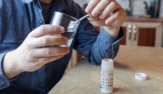Professional testing water quality with a multi-parameter test strip in glass