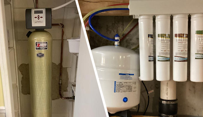 Installed water softener tank and multi-stage reverse osmosis filtration system