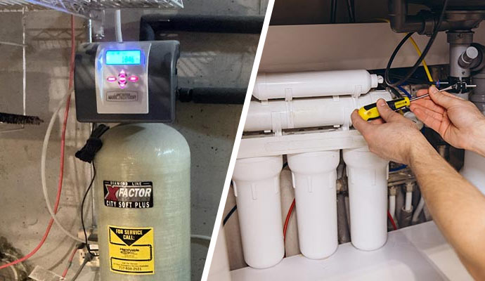 Water softener unit and technician installing under-sink reverse osmosis water filter